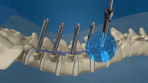 Dental implant surgery on the lower jaw: multiple titanium implants anchored to the bone with a guide and drill approaching a circular blue marker/abutment site.