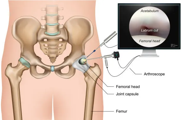 Medical illustration of a hip joint being arthroscopically operated: instruments inserted into the joint with a monitor showing the acetabulum, labrum, and femoral head labeled.