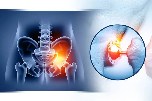 X-ray style illustration of a pelvis and hips with the left hip highlighted in red to indicate pain; inset shows a hip joint prosthesis.