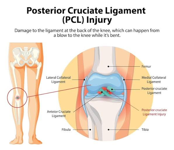 Medical infographic of knee ligaments showing a posterior cruciate ligament injury; zoomed cross-section labels bones and ligaments.